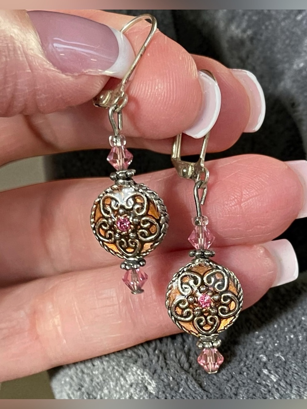 Vintage Silver Tone Filigree Enamel Crystal Drop Earrings